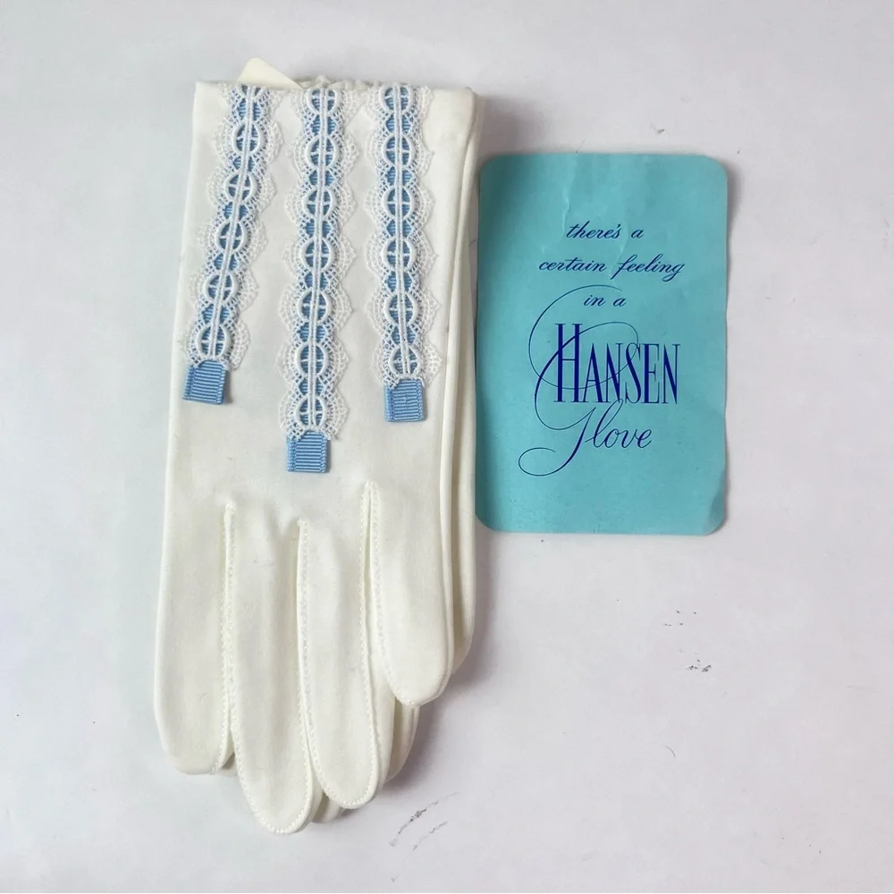 Hansen Vintage Elegant 100% Cotton White Gloves with Blue Lace Trim Size 6 NWT